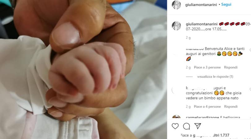 Post Instagram di Giulia Montanarini in cui annuncia la nascita e l'orario della piccola Alice.
