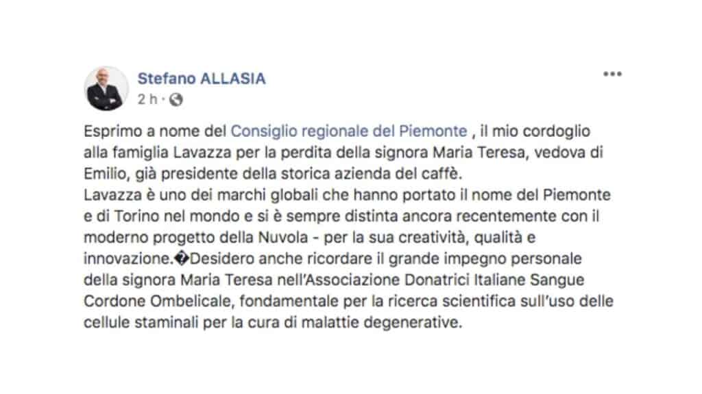 morte maria teresa lavazza cordoglio post facebook di stefano allasia