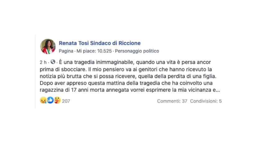 Il post del sindaco di Riccione su facebook