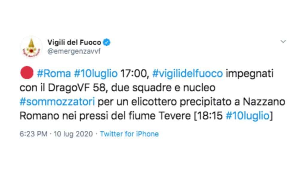 post twitter dei vigili del fuoco sull'elicottero precipitato nel tevere