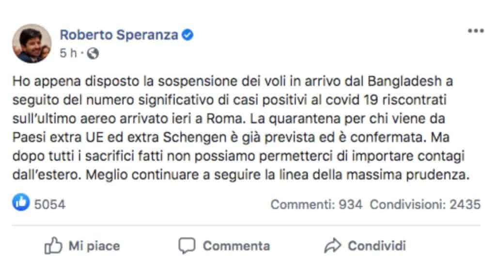 roberto speranza coronavirus post facebook