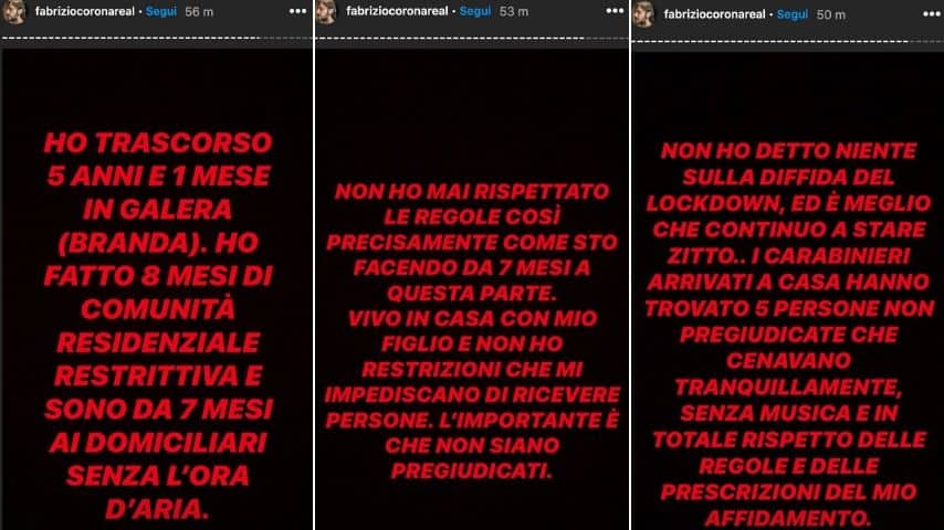 Le Storie su Instagram di Fabrizio Corona