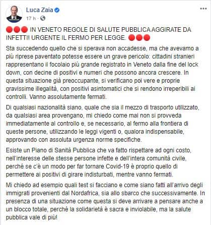 Il post di Luca Zaia su Facebook