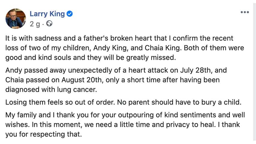 Post di Larry King su Facebook