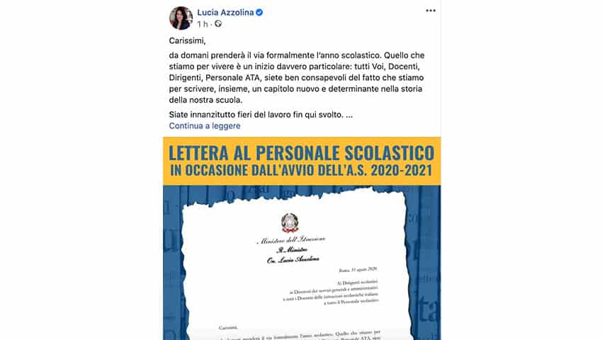 Post del ministro Lucia Azzolina