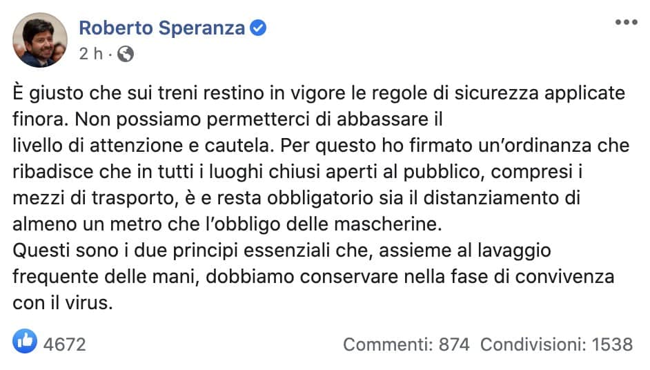 Post del ministro Roberto Speranza