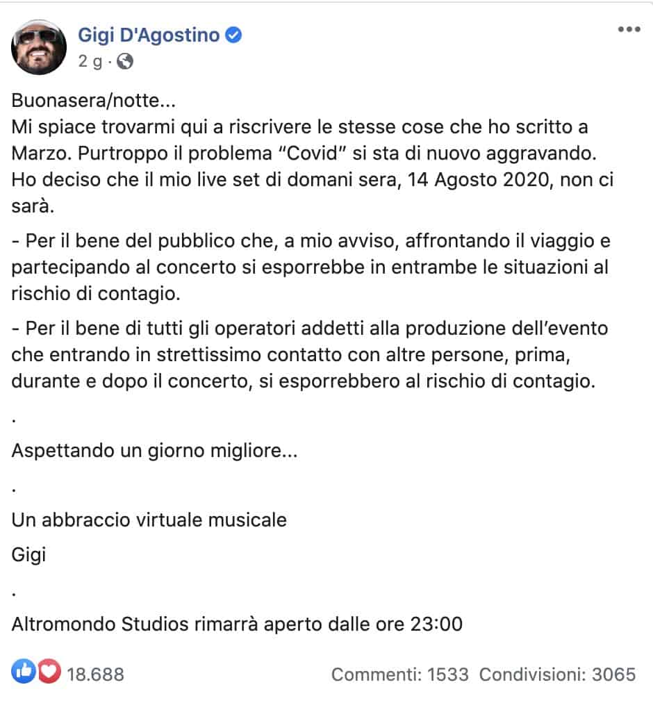 Il post Facebook di Gigi D'Agostino