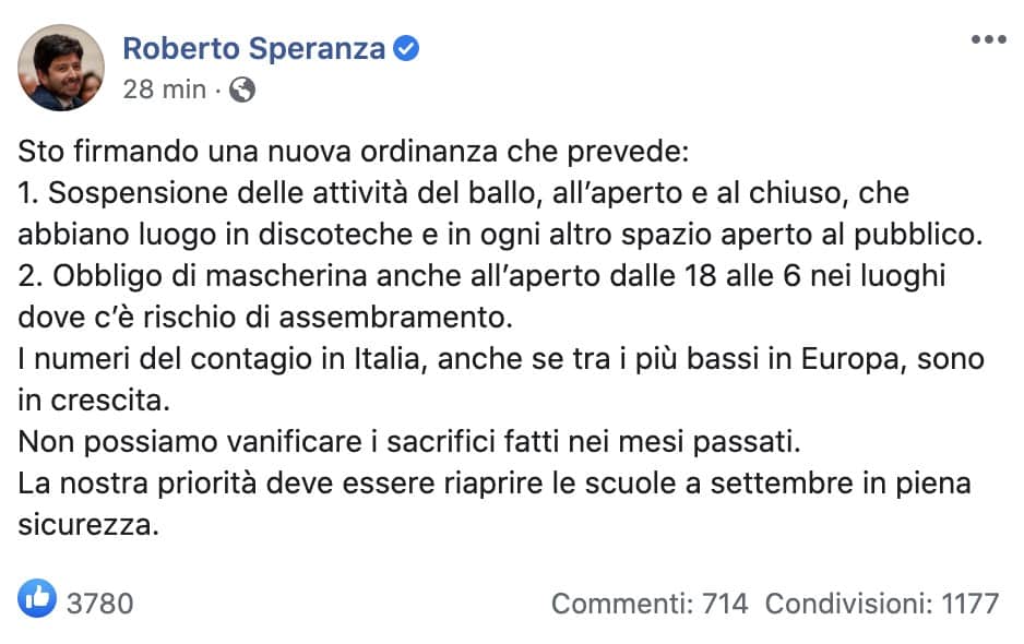 Il post Facebook del ministro Speranza