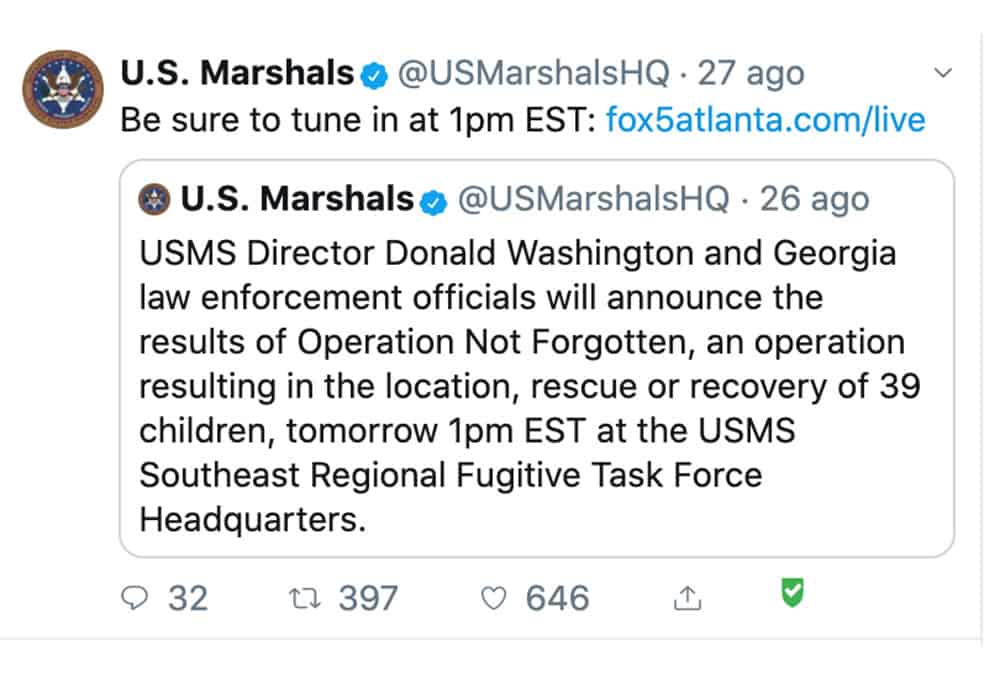 Tweet dello Us Marshals Service