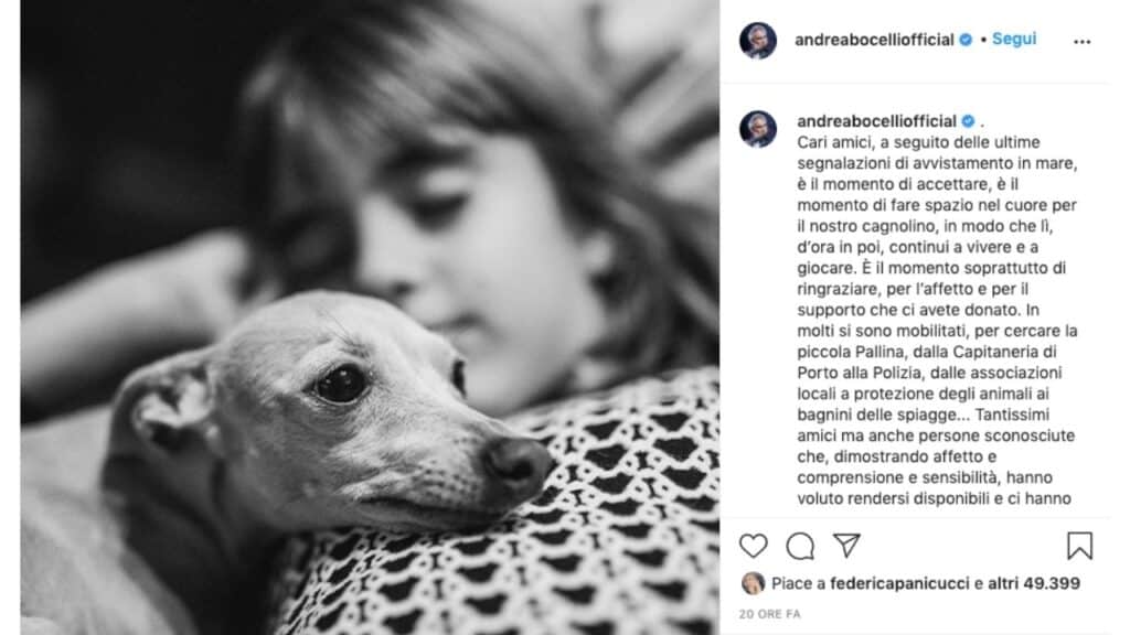 post instagram d'addio al cane pallina da parte di Andrea Bocelli
