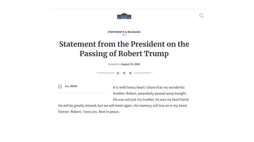 Il comunicato stampa che annuncia la morte di Robert Trump