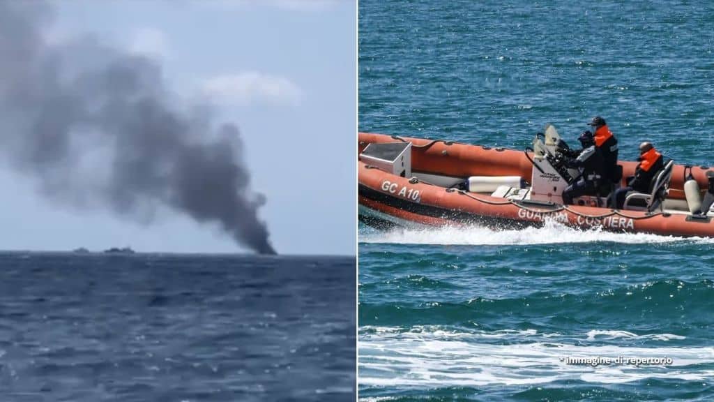 Barcone di migranti in fiamme e gommone della Guardia Costiera