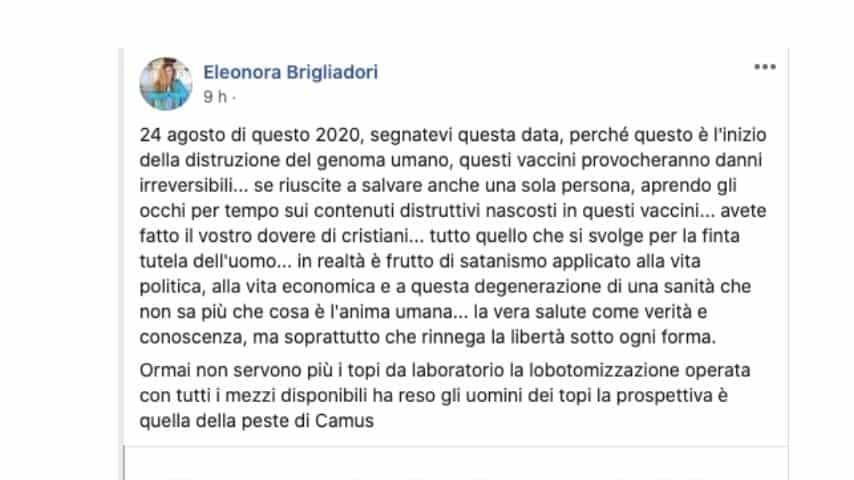 Il post di Eleonora Brigliadori contro il vaccino da Coronavirus