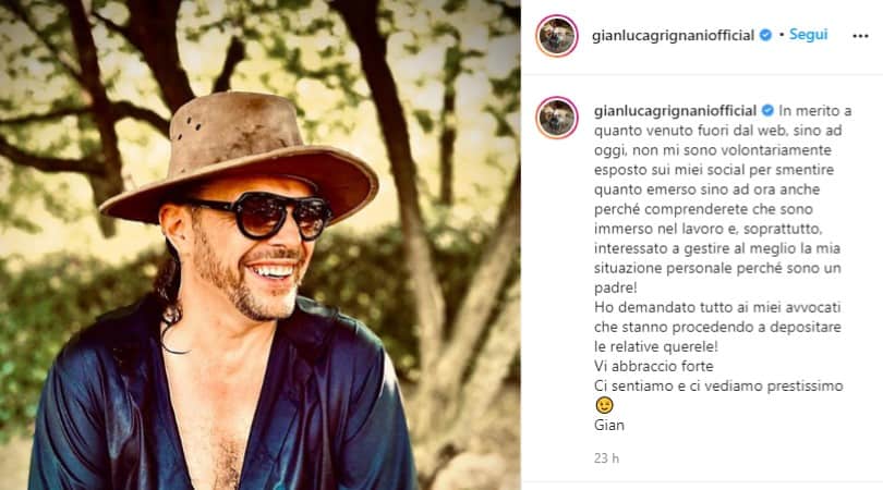 Post pubblicato da Gianluca Grignani sul suo profilo Instagram in cui spiega di essere interessato a gestire al meglio la difficile situazione, in particolar modo per il bene dei suoi figli. Aggiunge, inoltre, di essersi rivolto a degli avvocati.