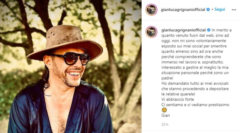 Post pubblicato da Gianluca Grignani sul suo profilo Instagram in cui spiega di essere interessato a gestire al meglio la difficile situazione, in particolar modo per il bene dei suoi figli. Aggiunge, inoltre, di essersi rivolto a degli avvocati. 