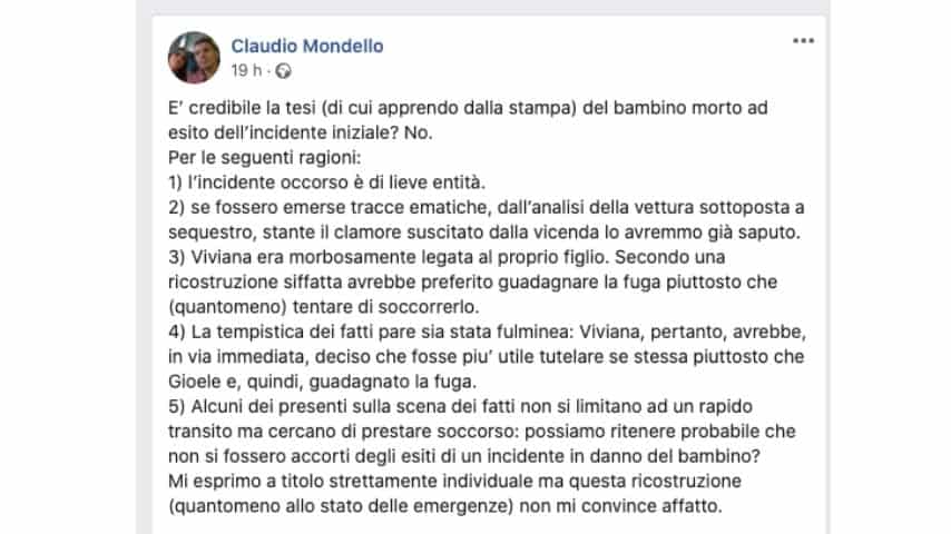 Il post di Claudio Mondello sulla morte di Gioele nell'incidente