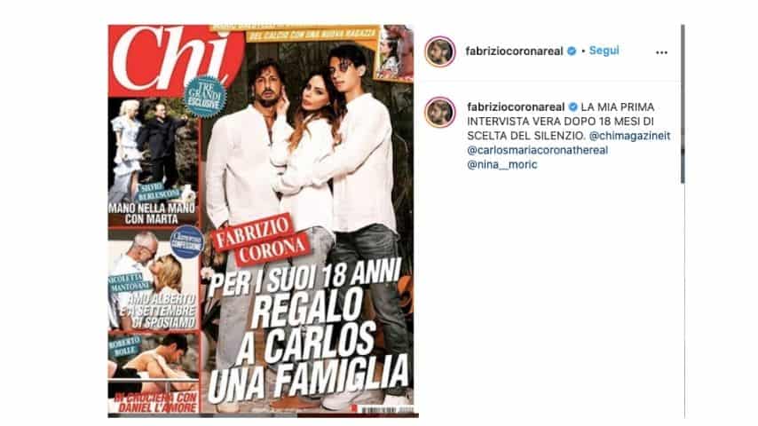 Il post di Fabrizio Corona che condivide la copertina di Chi con la sua intervista