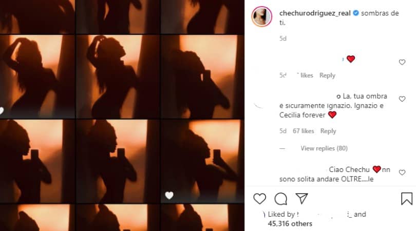 Collage di selfie pubblicato da Cecilia Rodriguez su Instagram, seguito da una breve didascalia in cui si legge: "L'ombra di te".
