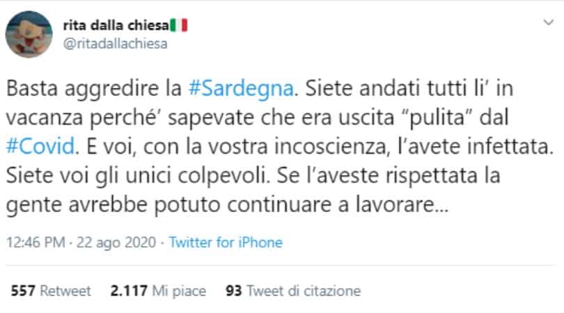 Tweet di Rita Dalla Chiesa in difesa della regione Sardegna sull'impennata dei contagi da Covid-19.