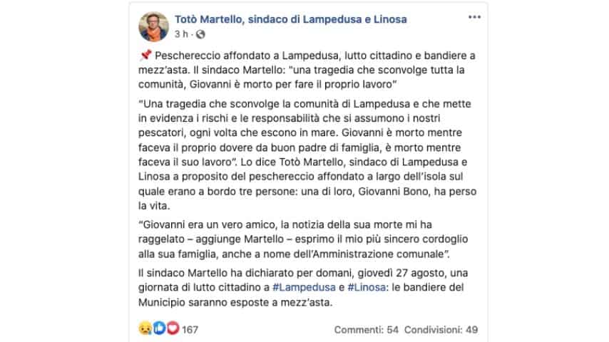 Il post del sindaco di lampedusa per il marinaio deceduto