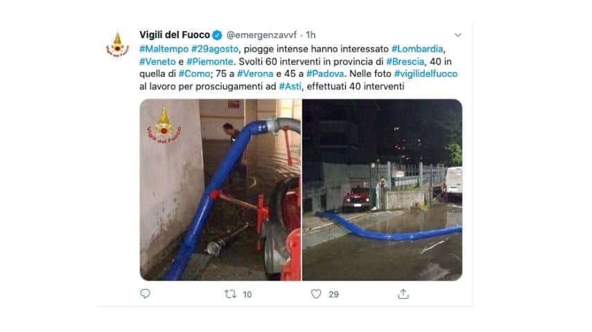 Il tweet dei vigili del fuoco sull'emergenza maltempo