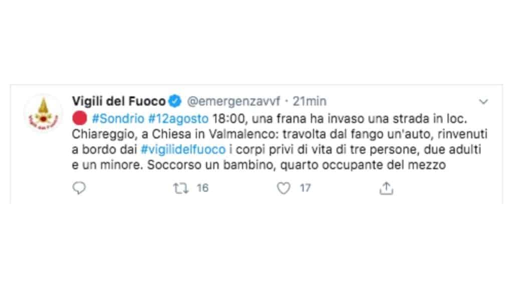 tweet dei vigili del fuoco sulla frana in valtellina