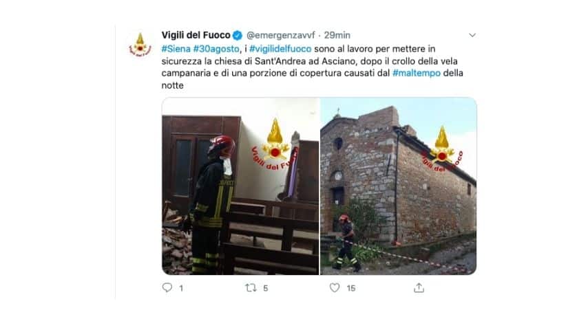 Il post dei vigili del fuoco sul crollo di una chiesa