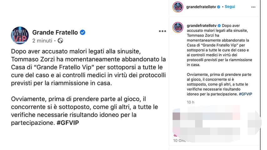 Post del Grande Fratello Vip su Instagram