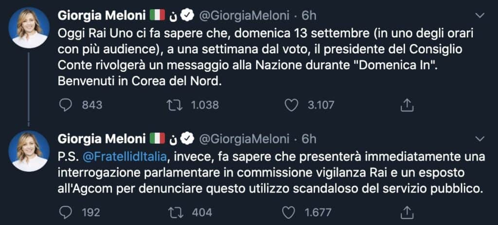 Il tweet di Giorgia Meloni