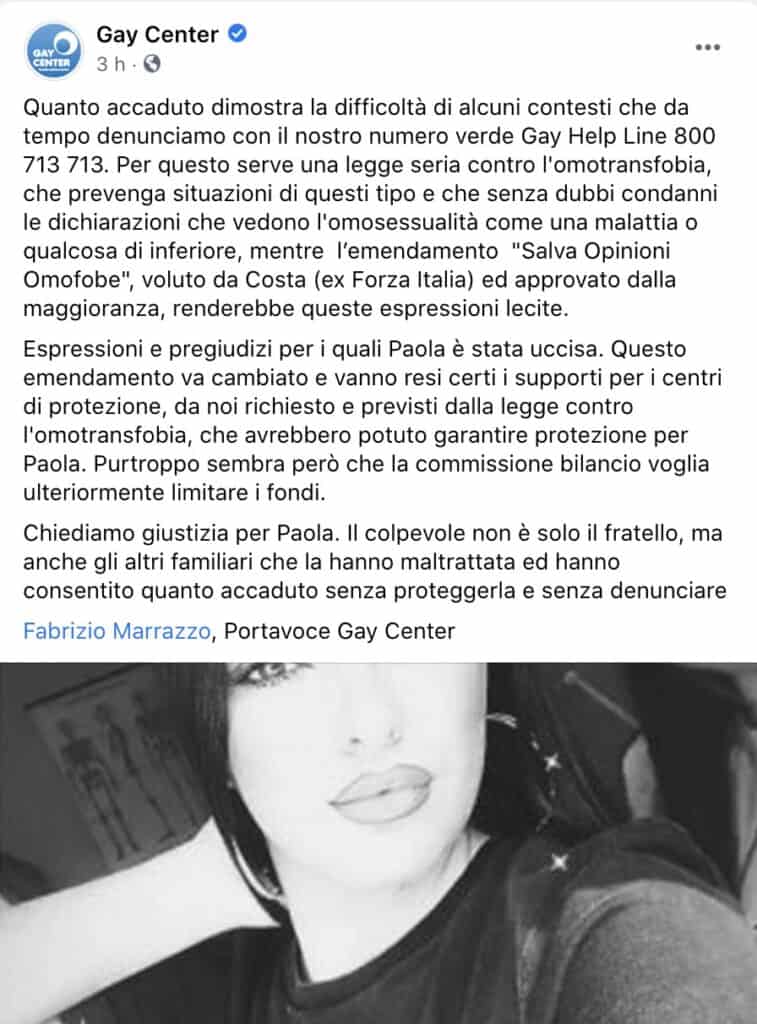 Il post su Facebook del Gay Center