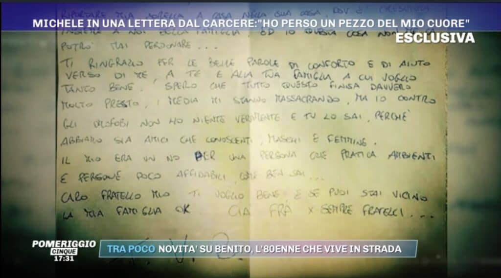 La lettera di Michele Gaglione mandata in onda a Pomeriggio 5