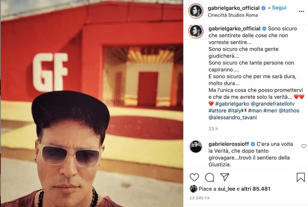 Il post Instagram di Gabriel Garko