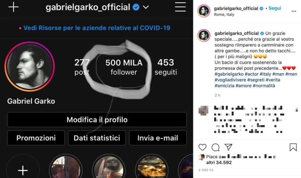 Il post Instagram di Gabriel Garko
