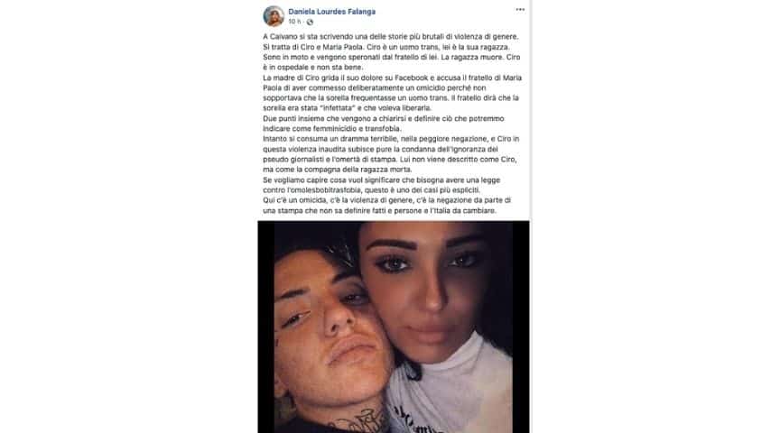 Il post di denuncia su quanto accaduto a Maria Paola