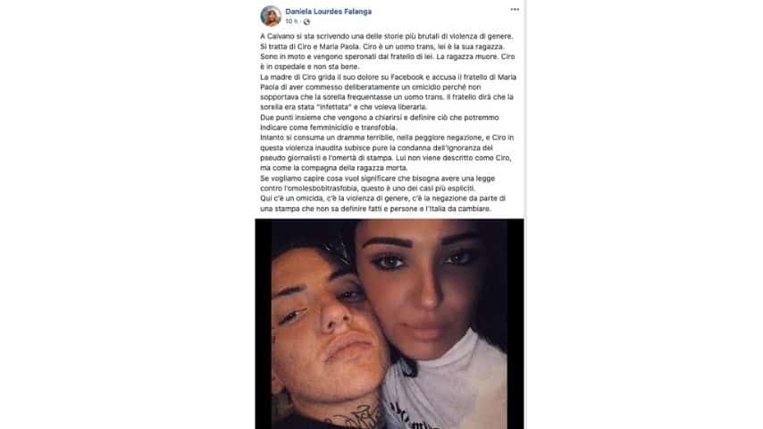 Il post di denuncia su quanto accaduto a Maria Paola 