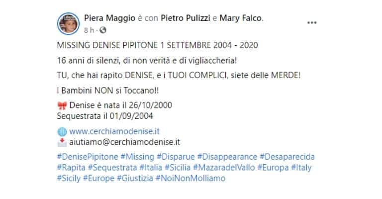 Il post Facebook della mamma di Denise Pipitone