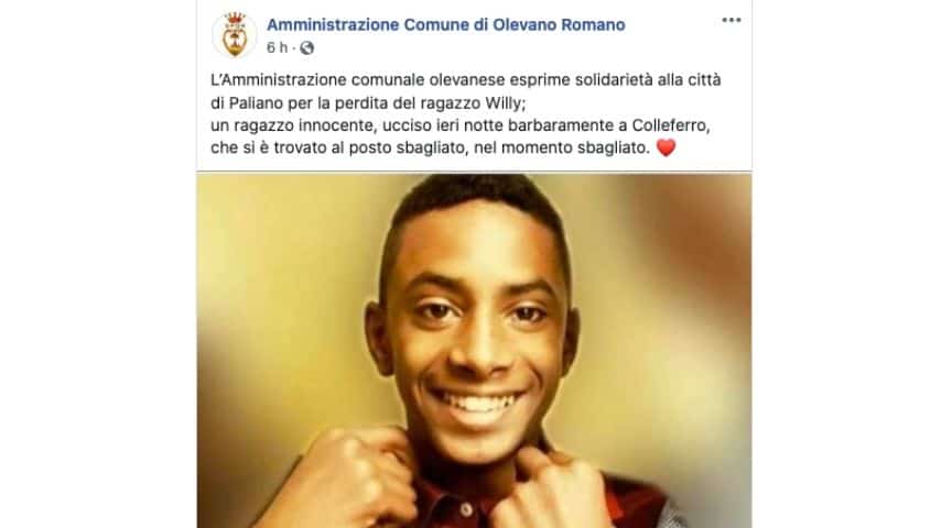 Il post del comune di Olevano Romano per ricordare Willy Monteiro