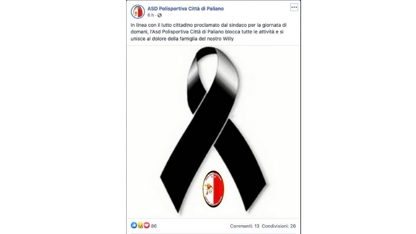 Il post dell'associazione sportiva di Paliano