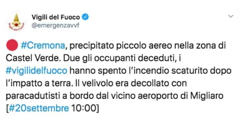 Tweet dei Vigili del Fuoco sull'incidente del velivolo a Cremona