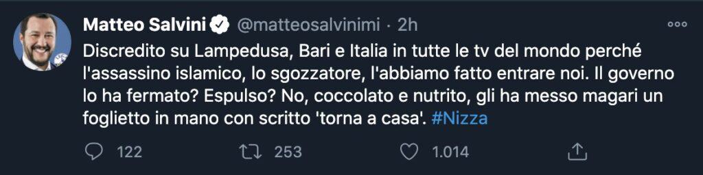 Un tweet di Matteo Salvini sull'attentato di Nizza