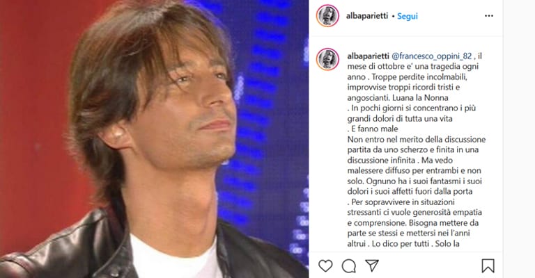 Alba Parietti ha parlato della lite tra Oppini e Zorzi in un post su instagram