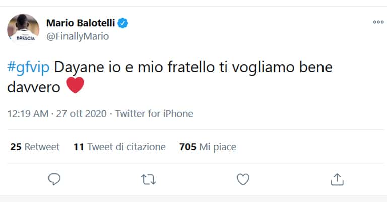 Balotelli manda un messaggio d'affetto a Dayane Mello