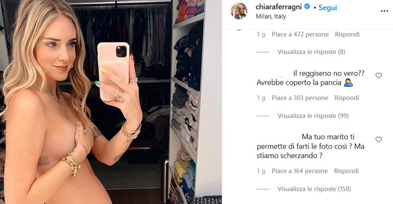 I commenti di alcuni degli hater di Chiara Ferragni sotto una foto che la ritrae in topless, al quarto mese di gravidanza