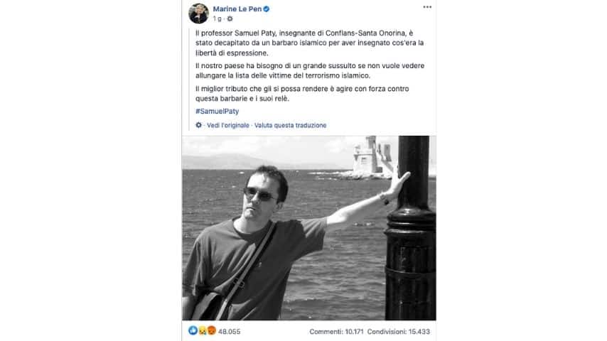 Il post di Marie Le Pen per Samuel Paty