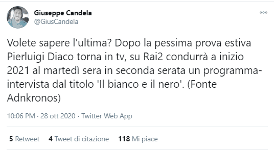 Tweet del giornalista Giuseppe Candela che comunica la novità Rai: il programma 'Il bianco e il nero' alla cui conduzione ci sarà il giornalista Pierluigi Diaco