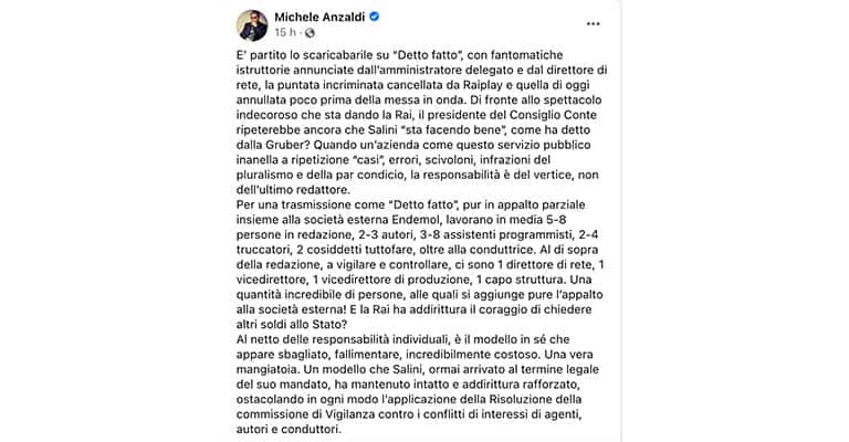 Post di Michele Anzaldi su Facebook