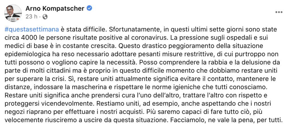 Il post su Facebook di Arno Kompatscher