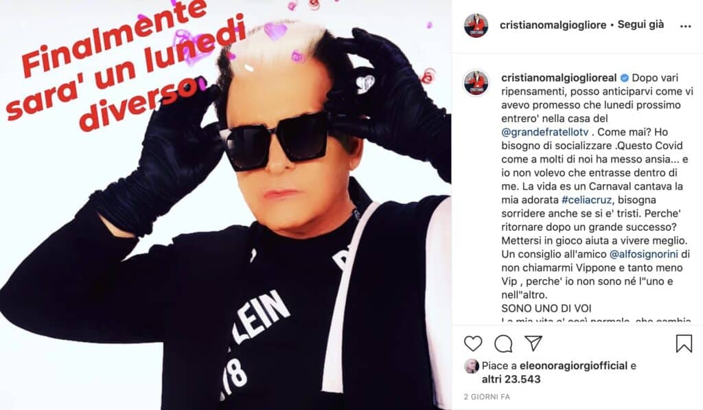 L'annuncio su Instagram di Cristiano Malgioglio