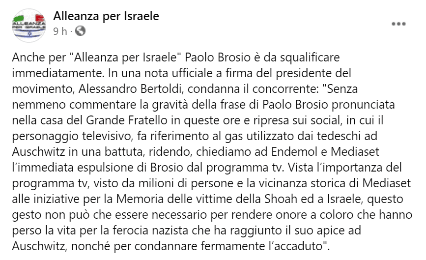 Post pubblicato dalla pagina Facebook 'Alleanza per Israele' per commentare la frase pronunciata da Paolo Brosio in cui faceva ironia su Auscwitz