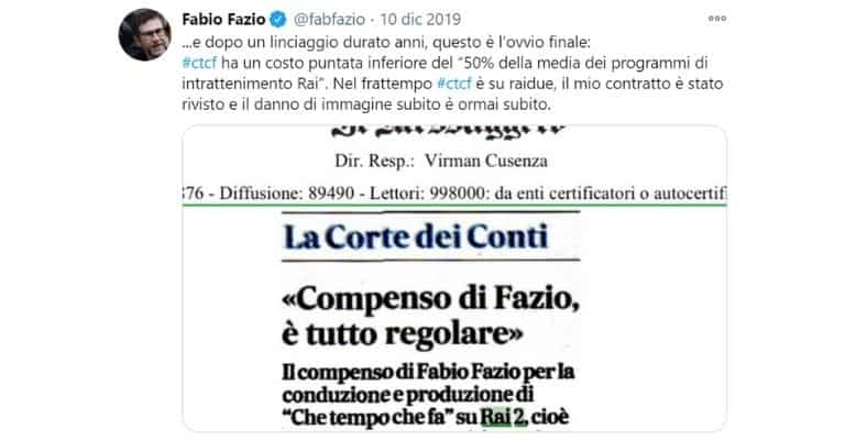 Il tweet di Fabio Fazio sul suo stipendio